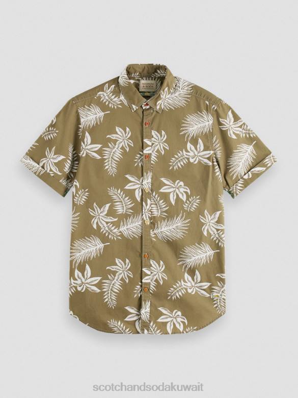 ملابس Scotch & Soda قميص بوبلين مطبوع بقصة عادية ورقة الكاكي رجال N0V4331