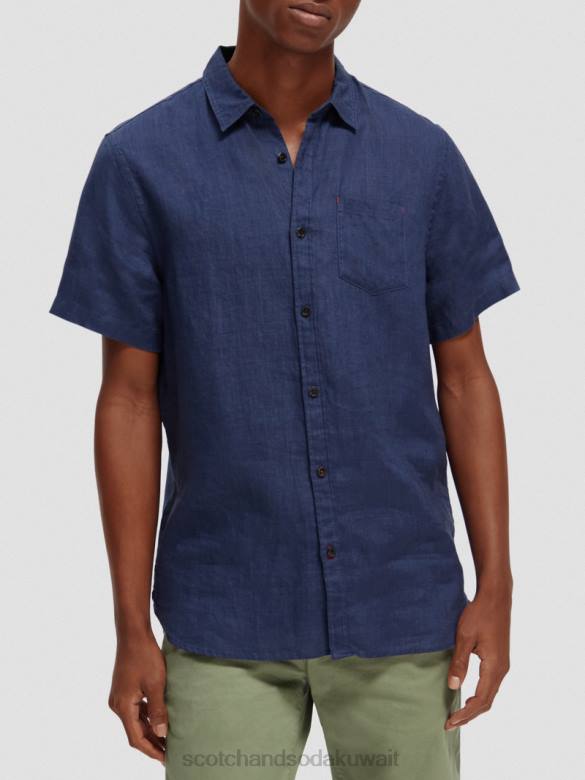 ملابس Scotch & Soda قميص كتان بجيوب بأكمام قصيرة البحرية رجال N0V4338