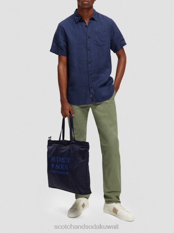 ملابس Scotch & Soda قميص كتان بجيوب بأكمام قصيرة البحرية رجال N0V4338