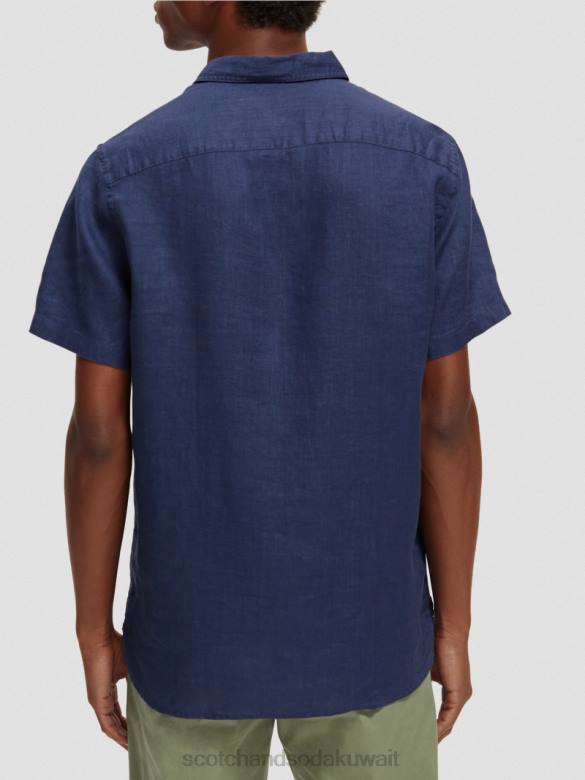 ملابس Scotch & Soda قميص كتان بجيوب بأكمام قصيرة البحرية رجال N0V4338