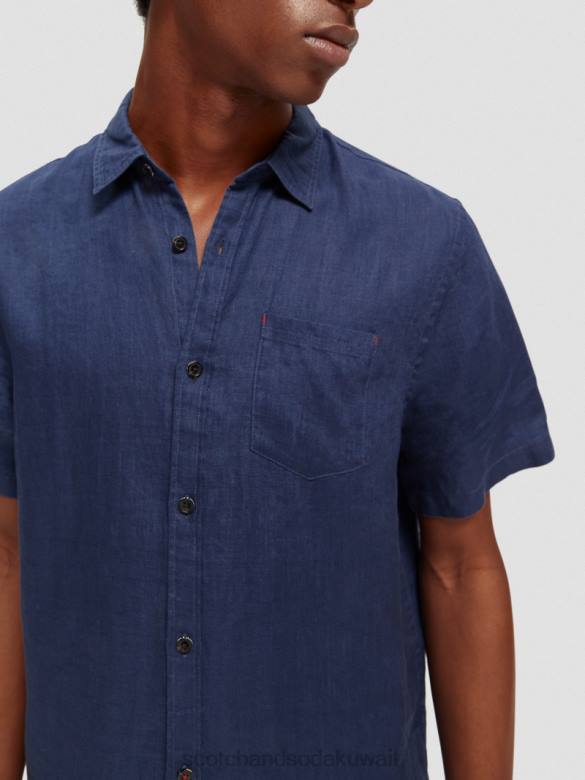 ملابس Scotch & Soda قميص كتان بجيوب بأكمام قصيرة البحرية رجال N0V4338