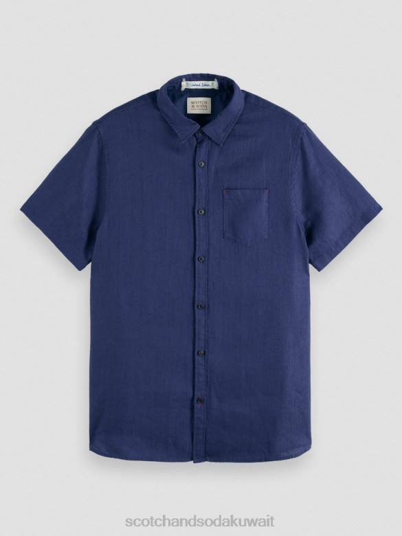 ملابس Scotch & Soda قميص كتان بجيوب بأكمام قصيرة البحرية رجال N0V4338