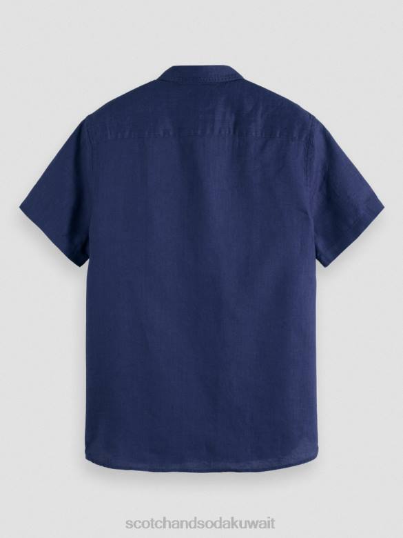 ملابس Scotch & Soda قميص كتان بجيوب بأكمام قصيرة البحرية رجال N0V4338