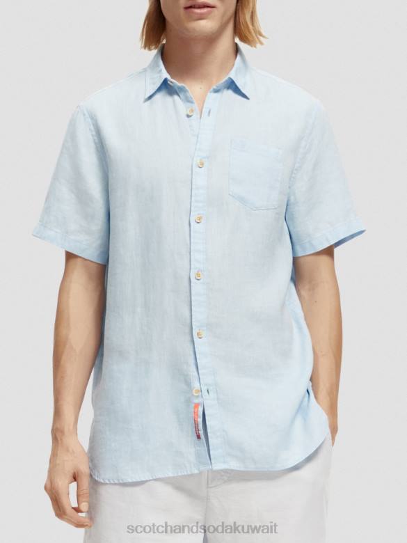 ملابس Scotch & Soda قميص كتان بجيوب بأكمام قصيرة سماء رجال N0V4339