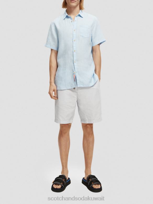 ملابس Scotch & Soda قميص كتان بجيوب بأكمام قصيرة سماء رجال N0V4339