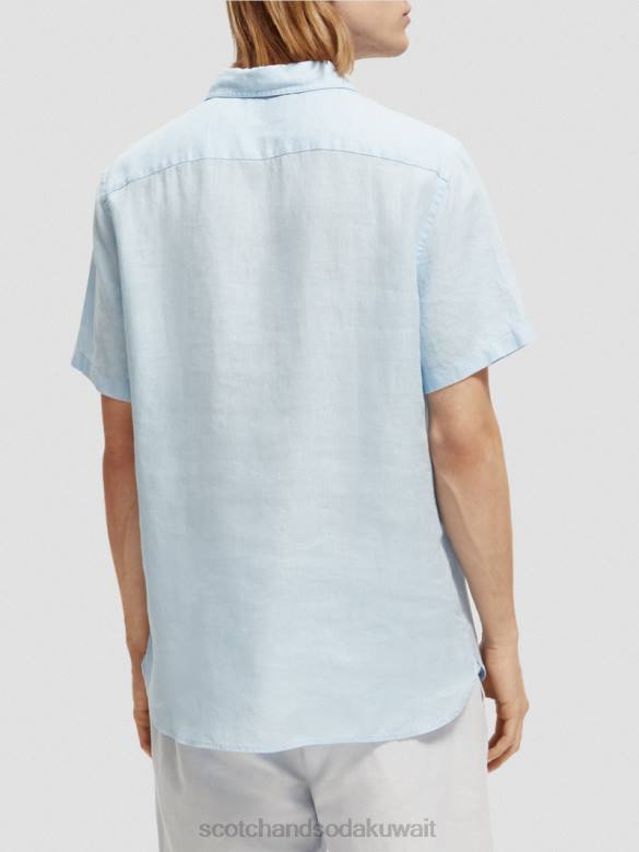 ملابس Scotch & Soda قميص كتان بجيوب بأكمام قصيرة سماء رجال N0V4339
