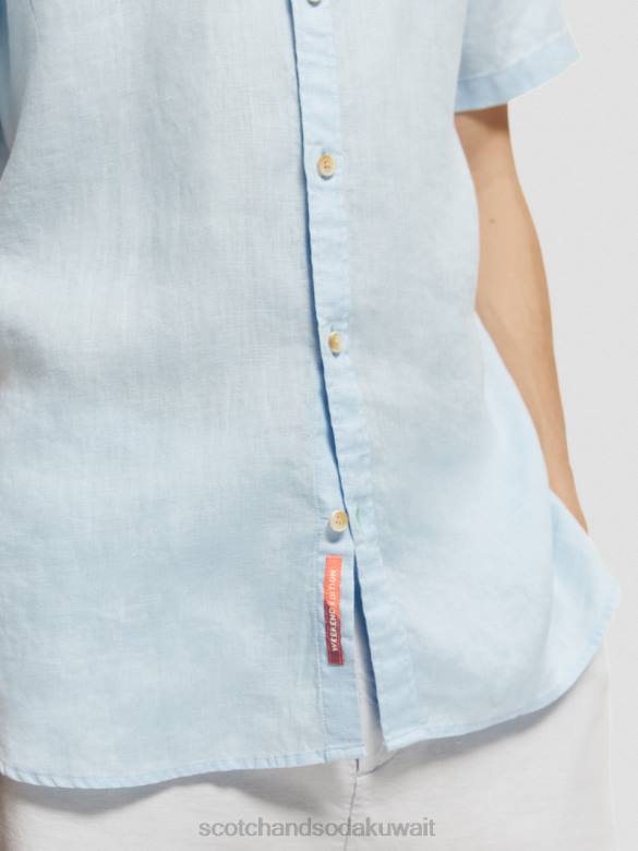 ملابس Scotch & Soda قميص كتان بجيوب بأكمام قصيرة سماء رجال N0V4339