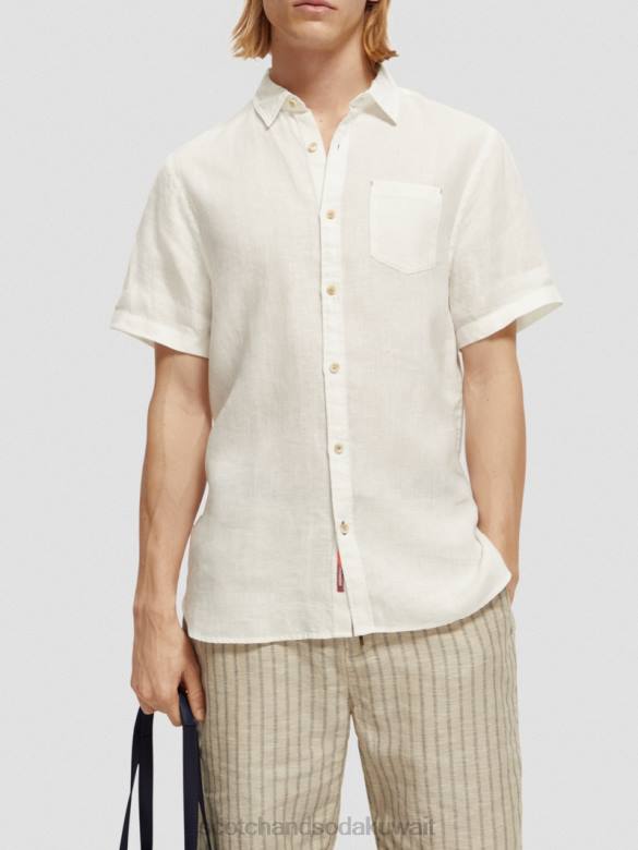 ملابس Scotch & Soda قميص كتان بجيوب بأكمام قصيرة أبيض رجال N0V4340