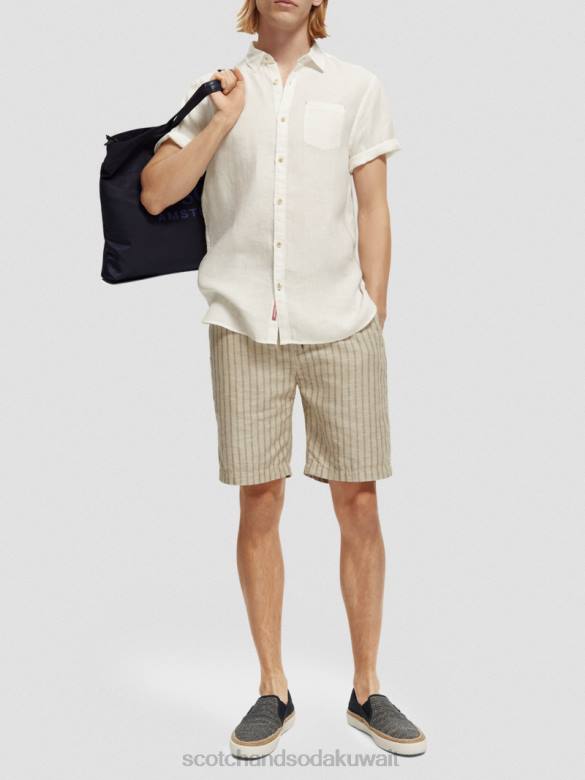 ملابس Scotch & Soda قميص كتان بجيوب بأكمام قصيرة أبيض رجال N0V4340