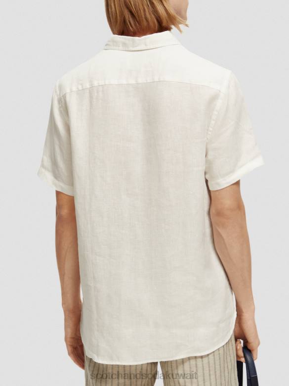 ملابس Scotch & Soda قميص كتان بجيوب بأكمام قصيرة أبيض رجال N0V4340