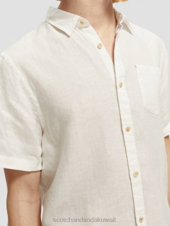 ملابس Scotch & Soda قميص كتان بجيوب بأكمام قصيرة أبيض رجال N0V4340