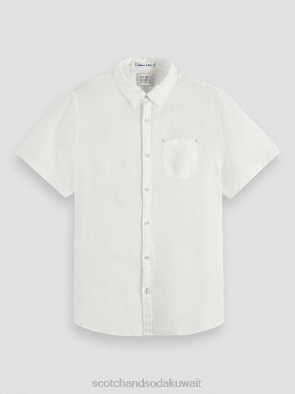 ملابس Scotch & Soda قميص كتان بجيوب بأكمام قصيرة أبيض رجال N0V4340