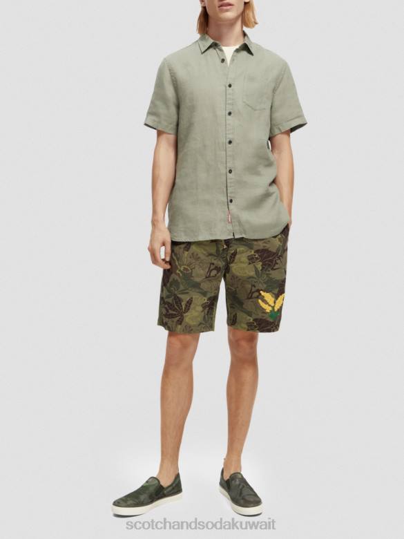 ملابس Scotch & Soda قميص كتان بجيوب بأكمام قصيرة جيش رجال N0V4341