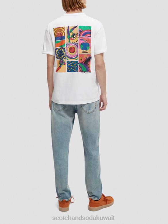 ملابس Scotch & Soda تي شيرت مريح ذو عمل فني عضوي أبيض رجال N0V4359