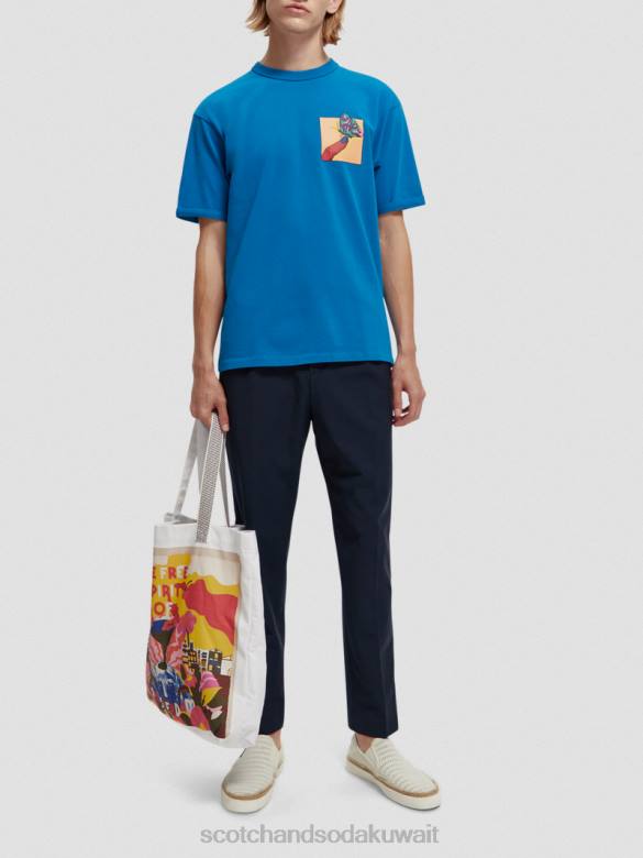 ملابس Scotch & Soda تي شيرت مريح ذو عمل فني عضوي القزحية الزرقاء رجال N0V4360