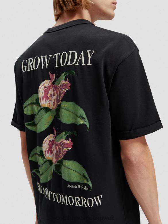 ملابس Scotch & Soda تي شيرت مريح ذو عمل فني عضوي أسود رجال N0V4362