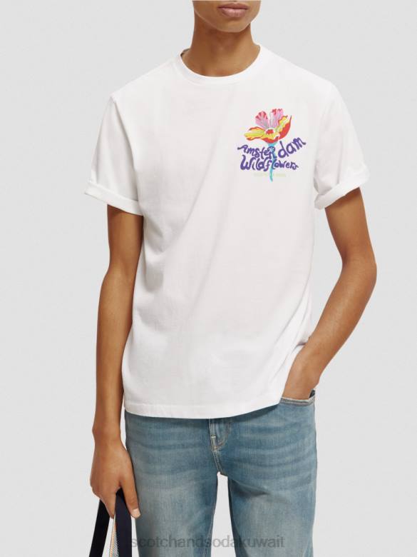 ملابس Scotch & Soda تي شيرت بياقة دائرية عمل فني أبيض رجال N0V4379