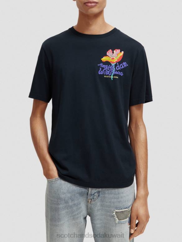 ملابس Scotch & Soda تي شيرت بياقة دائرية عمل فني أسود رجال N0V4380