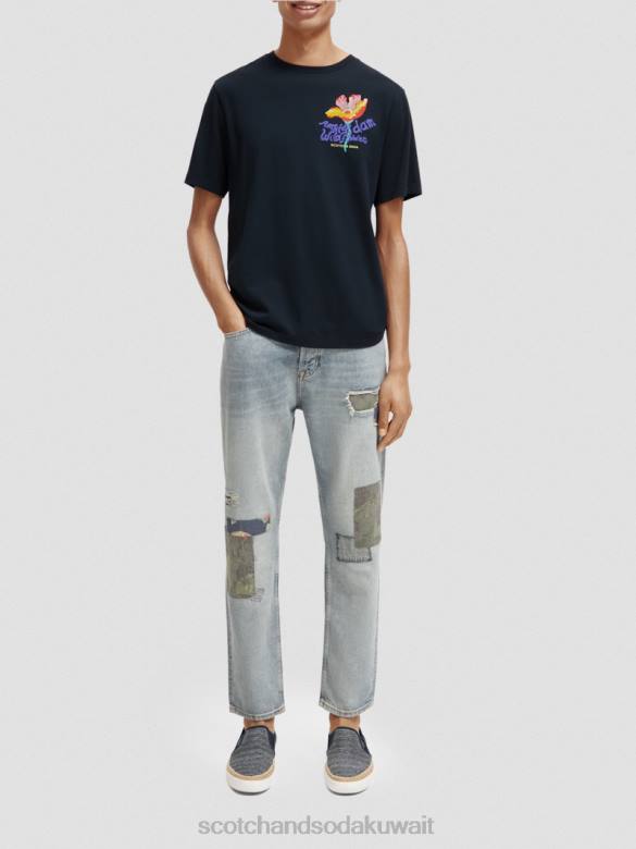 ملابس Scotch & Soda تي شيرت بياقة دائرية عمل فني أسود رجال N0V4380