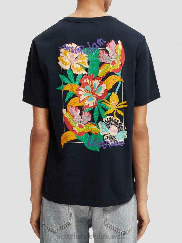 ملابس Scotch & Soda تي شيرت بياقة دائرية عمل فني أسود رجال N0V4380