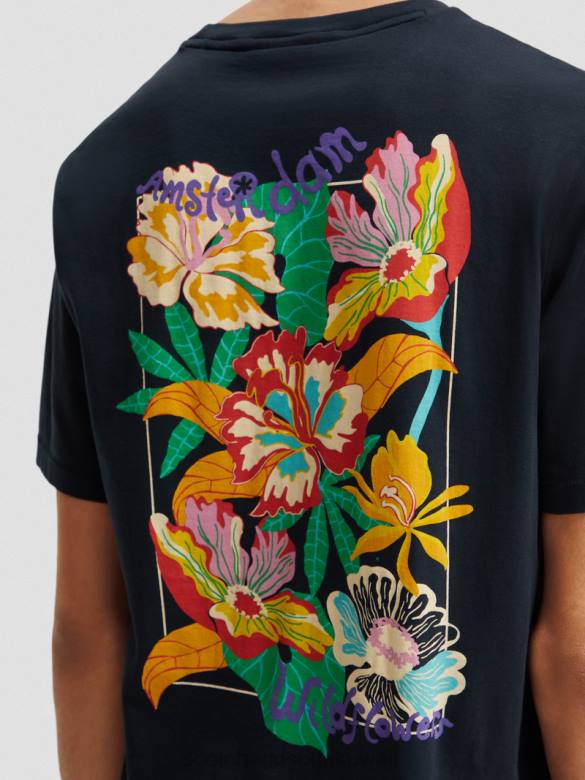 ملابس Scotch & Soda تي شيرت بياقة دائرية عمل فني أسود رجال N0V4380
