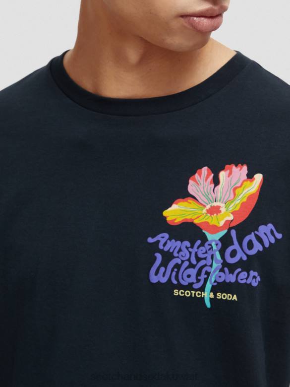 ملابس Scotch & Soda تي شيرت بياقة دائرية عمل فني أسود رجال N0V4380