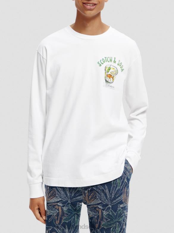 ملابس Scotch & Soda تي شيرت من القطن العضوي بأكمام طويلة أبيض رجال N0V4391