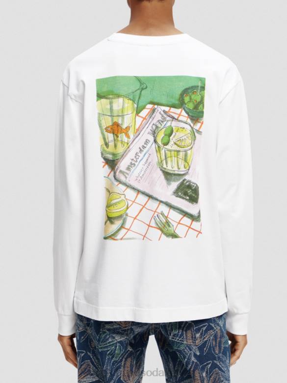ملابس Scotch & Soda تي شيرت من القطن العضوي بأكمام طويلة أبيض رجال N0V4391