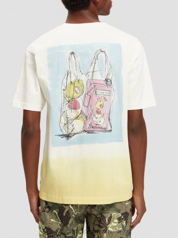 ملابس Scotch & Soda تي شيرت مريح مصبوغ بعمل فني أبيض رجال N0V4418