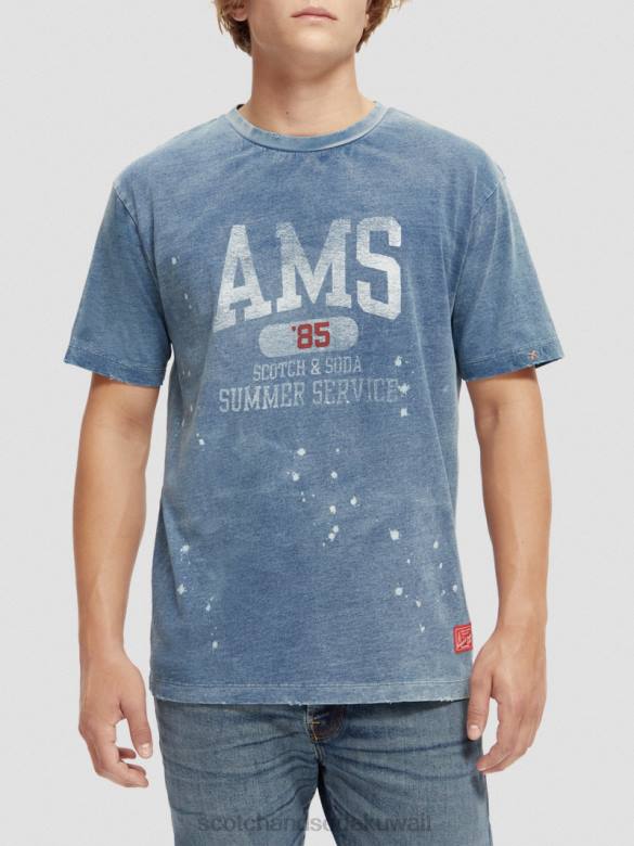 ملابس Scotch & Soda تي شيرت برسومات من القطن العضوي النيلي المغسول رجال N0V4469