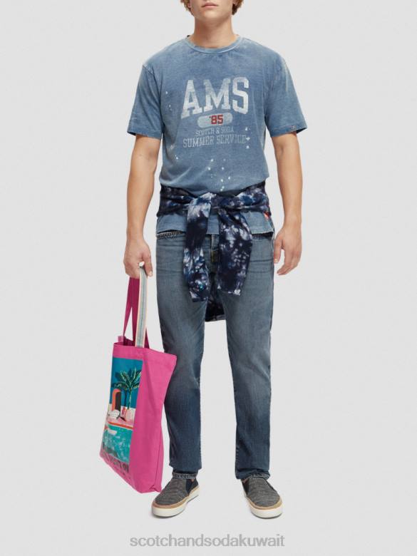 ملابس Scotch & Soda تي شيرت برسومات من القطن العضوي النيلي المغسول رجال N0V4469