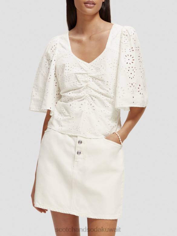 ملابس Scotch & Soda بلوزة من القطن العضوي بأكمام مرفرفة أبيض نحيف N0V450