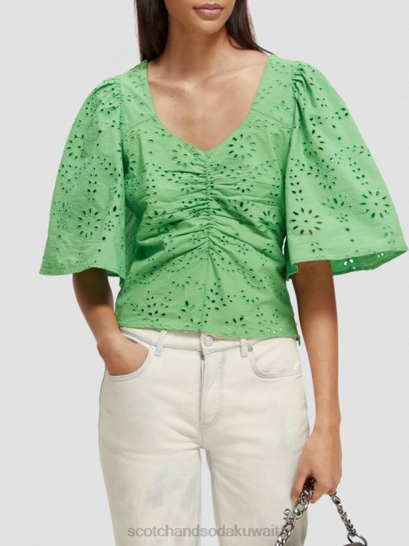 ملابس Scotch & Soda بلوزة من القطن العضوي بأكمام مرفرفة ببغاء مشرق نحيف N0V451