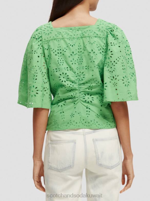 ملابس Scotch & Soda بلوزة من القطن العضوي بأكمام مرفرفة ببغاء مشرق نحيف N0V451