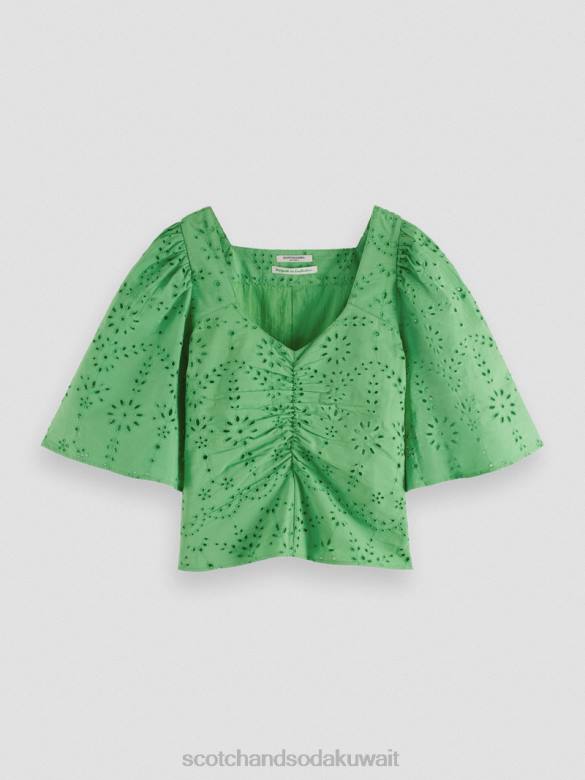 ملابس Scotch & Soda بلوزة من القطن العضوي بأكمام مرفرفة ببغاء مشرق نحيف N0V451
