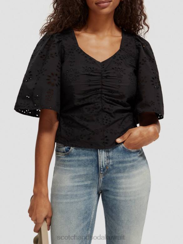 ملابس Scotch & Soda بلوزة من القطن العضوي بأكمام مرفرفة أسود نحيف N0V452