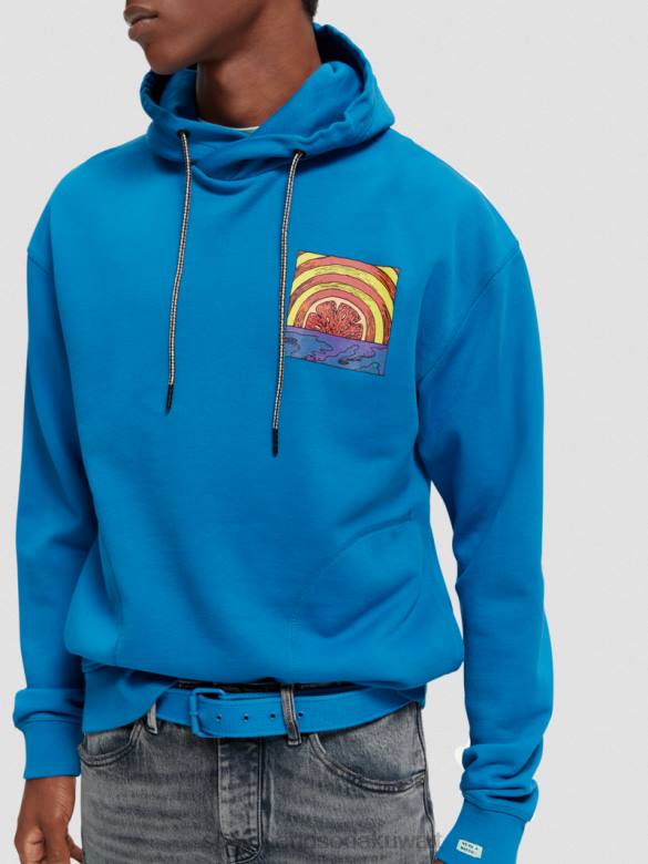 ملابس Scotch & Soda سترة بغطاء للرأس من القطن العضوي بتصميم مريح ومريح القزحية الزرقاء رجال N0V4526