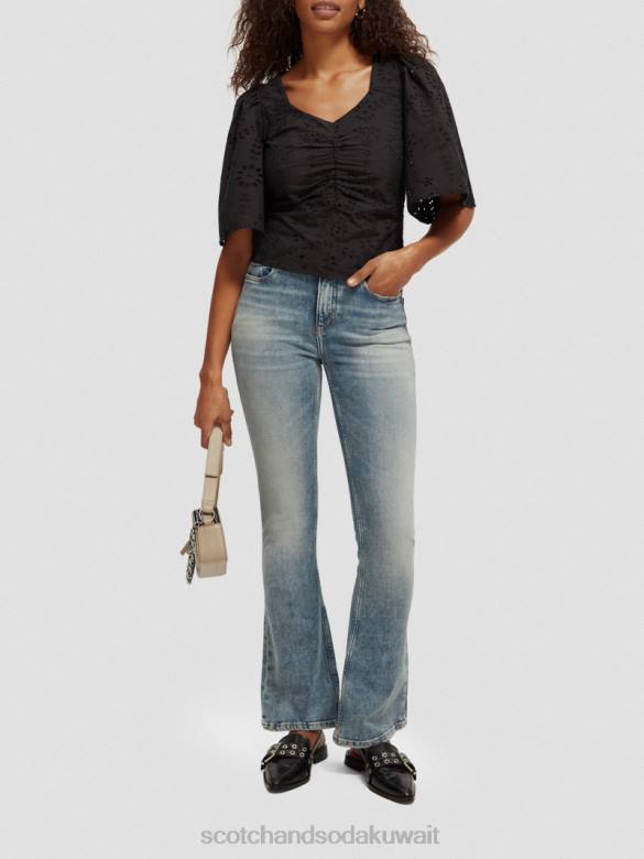 ملابس Scotch & Soda بلوزة من القطن العضوي بأكمام مرفرفة أسود نحيف N0V452