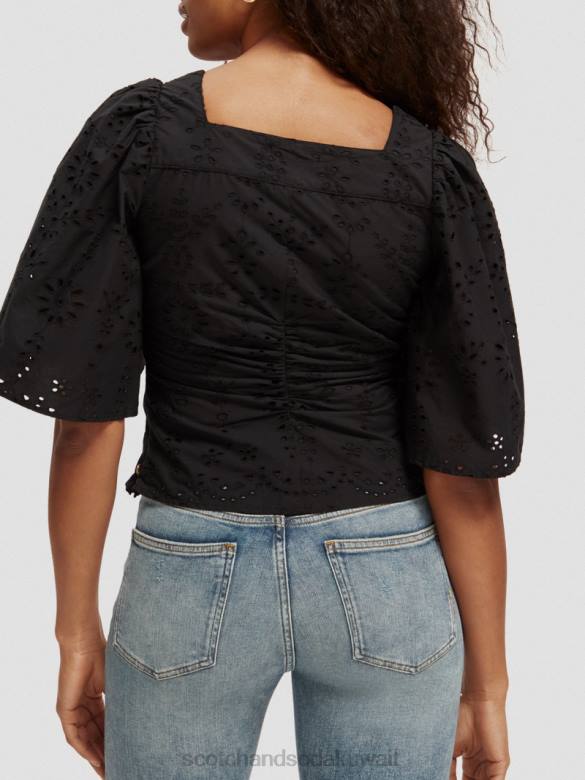 ملابس Scotch & Soda بلوزة من القطن العضوي بأكمام مرفرفة أسود نحيف N0V452