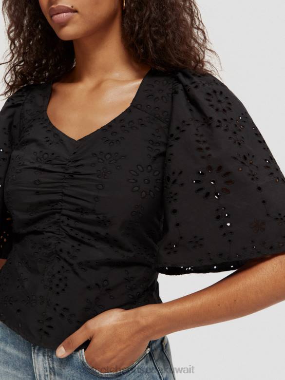 ملابس Scotch & Soda بلوزة من القطن العضوي بأكمام مرفرفة أسود نحيف N0V452