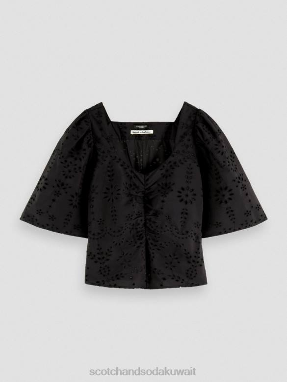 ملابس Scotch & Soda بلوزة من القطن العضوي بأكمام مرفرفة أسود نحيف N0V452