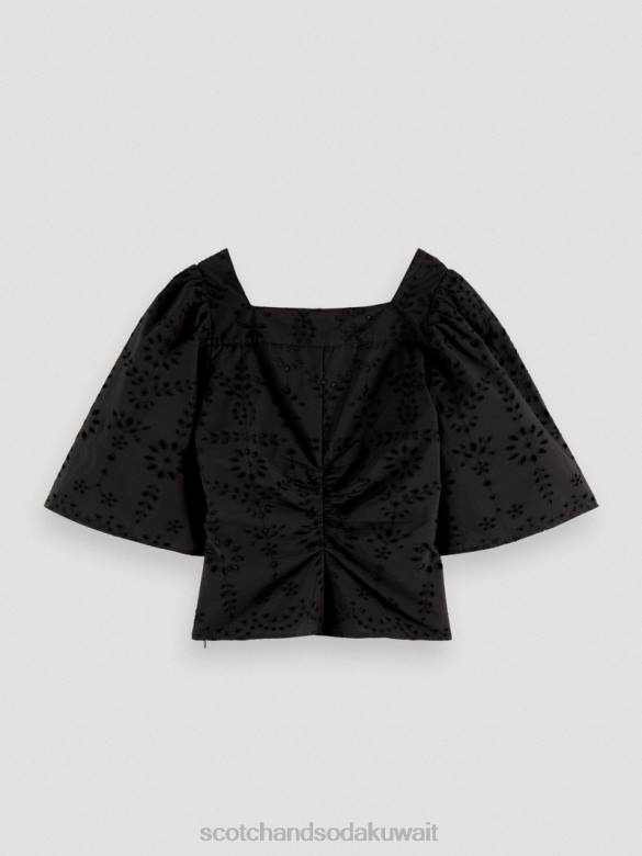 ملابس Scotch & Soda بلوزة من القطن العضوي بأكمام مرفرفة أسود نحيف N0V452