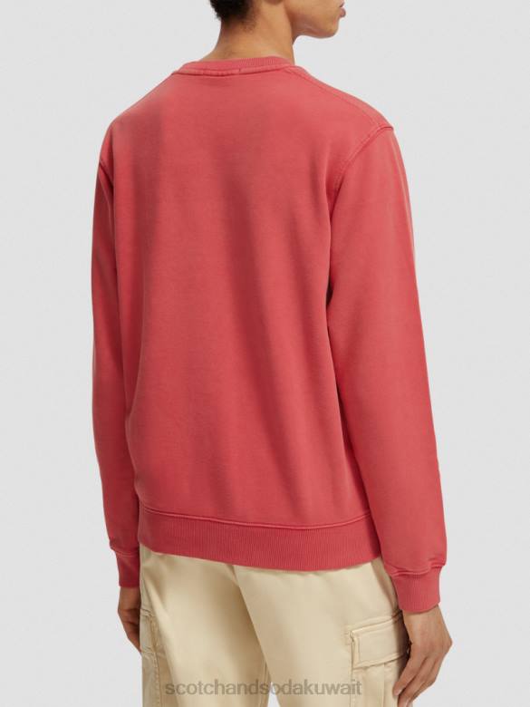 ملابس Scotch & Soda سويت شيرت بياقة دائرية مصبوغ بالملابس ذو مقاس عادي الخزامى الأحمر رجال N0V4542