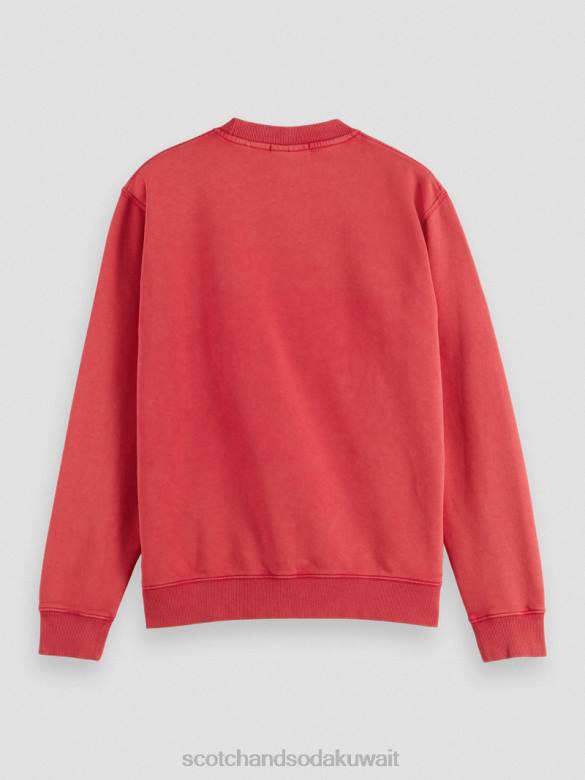ملابس Scotch & Soda سويت شيرت بياقة دائرية مصبوغ بالملابس ذو مقاس عادي الخزامى الأحمر رجال N0V4542