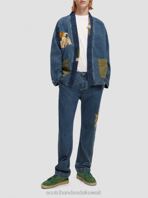 ملابس Scotch & Soda سترة كيمونو من الدنيم مطرزة النيلي المغسول رجال N0V4558