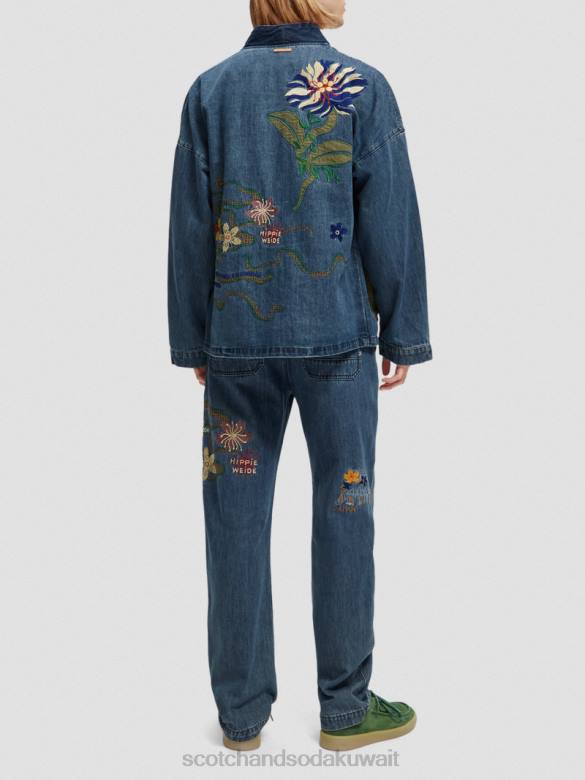 ملابس Scotch & Soda سترة كيمونو من الدنيم مطرزة النيلي المغسول رجال N0V4558