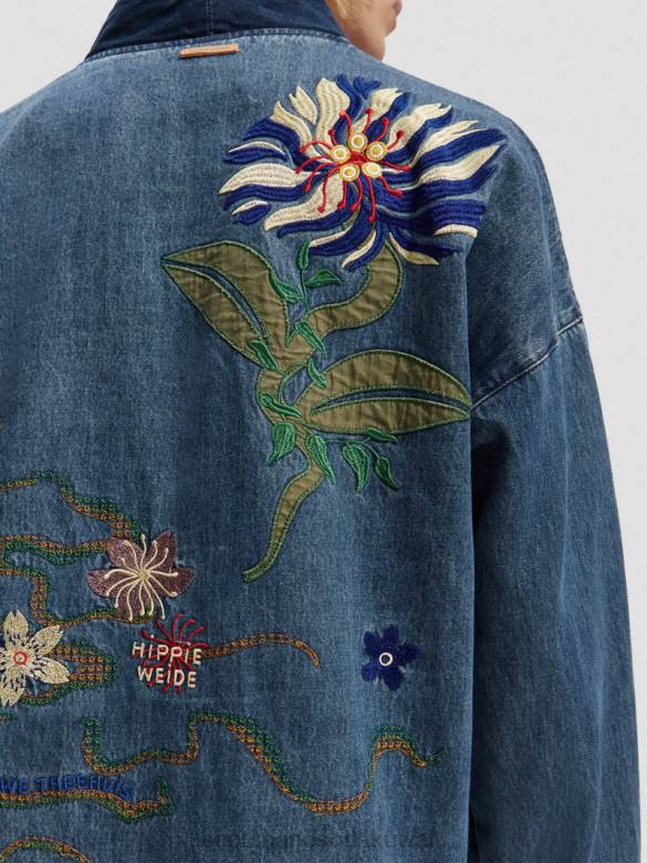 ملابس Scotch & Soda سترة كيمونو من الدنيم مطرزة النيلي المغسول رجال N0V4558