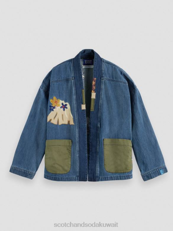 ملابس Scotch & Soda سترة كيمونو من الدنيم مطرزة النيلي المغسول رجال N0V4558