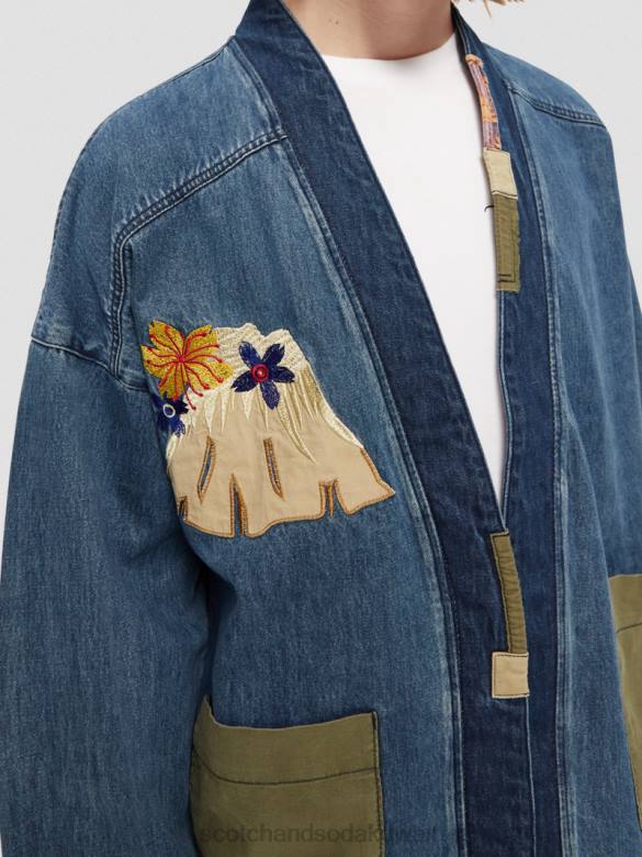 ملابس Scotch & Soda سترة كيمونو من الدنيم مطرزة النيلي المغسول رجال N0V4558