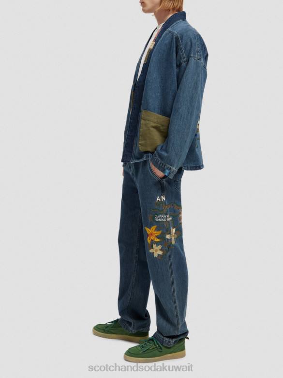 ملابس Scotch & Soda سترة كيمونو من الدنيم مطرزة النيلي المغسول رجال N0V4558